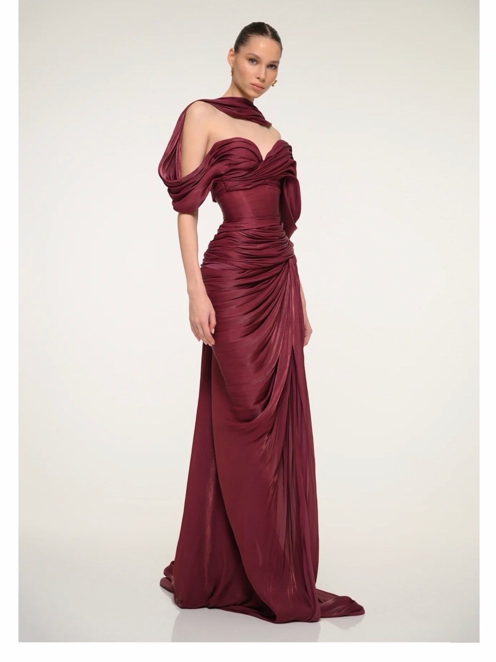 Valdrin Sahiti Burgundy Draped Off-Shoulder Evening Gown - Picture 4 of 10